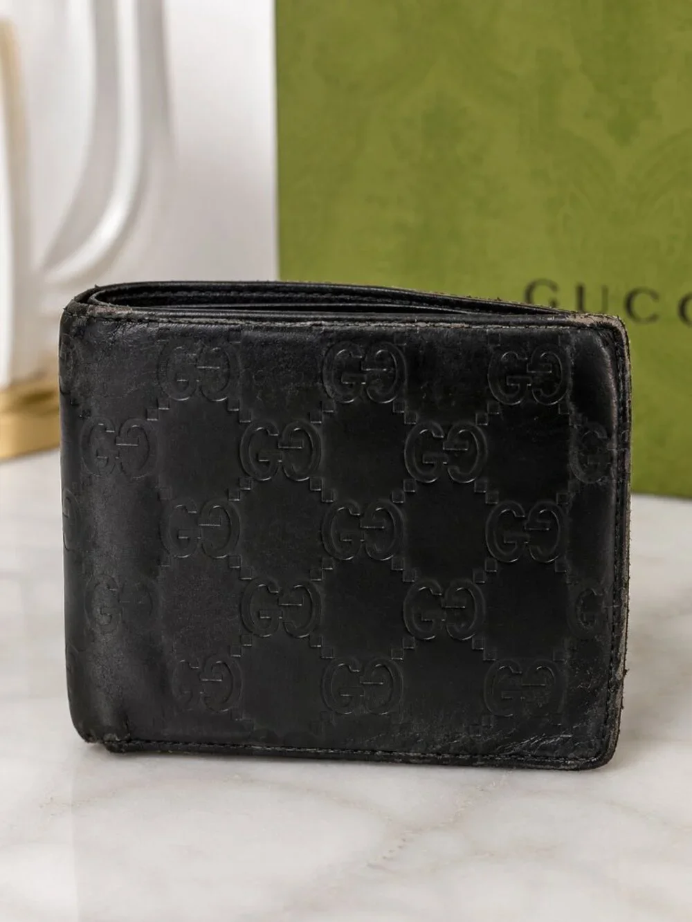 Gucci Guccissima Black Leather Bifold Wallet Coin Pocket Men's GG Monogram